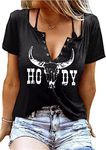 V-Neck Howdy Tshirt Women Western Country Cowboy Shirts Vintage Rodeo Cowgirl Tee Tops Leopard Honey Hat T-Shirt, Black 2, X-Large