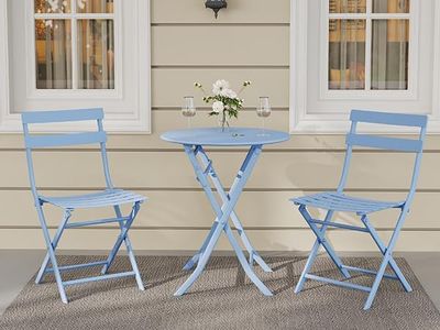 GarveeLife 3-Piece Folding Patio Bistro Conversation Set – Weather-Resistant Steel Frame Table and 2 Chairs, Compact Outdoor Patio Set for Balcony, Porch, and Yard, Blue