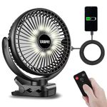 VANPRT 8'' Rechargeable Portable Hanging RV Tent Clip fan with Remote, 10000mAh Camping Fan, 3 Speed, Max 40 Hours Working Time, with LED light and Timer, 720°Rotation, as Emergency Power - Black