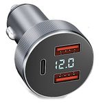 72W Dual Port Car Charger Metal Cigarette Lighter Splitter with LED Voltmeter for Samsung Galaxy S23, S22, Ultra, 5G, Plus, Note 20, iPhone 14, iPhone 13, 12, Pro, Max, Mini and More (Silver)