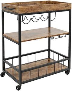 Sunnydaze 35-Inch 3-Tier Industrial Rolling Bar Cart for The Home - Wine and Glass Rack