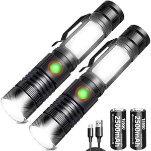 REHKITTZ Torche Lampe de Poche,2000 Lumens LED USB Rechargeable Puissante Lampe (Lot de 2) COB Portable Zoomable Torche pour Auto Atelier Camping(Pile Rechargeable incluse & Magnétique au Bas)