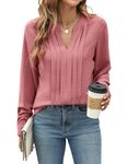 Blooming Jelly Women's Dressy Casual Blouses Business Work Tops Long Sleeve V Neck Pleated T Shirts 2024 Trendy Fall Outfits (XX-Large,Dusty Pink)