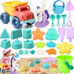 FAMKEEP 26 Piezas Juguetes de Playa, Juegos con Cubo, Palas, Rastrillo y Bolsa de Malla Reutilizable. Moldes de Arena, para Niños 1-3 Años