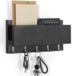 Wooden Key and Mail Holder for Wall Decorative, Rustic Wall Mounted Entryway Organizer with 5 Key Hooks - Perfect Home Hanging Decor for Office, 100% Pine Wood, 11.8" x 5.9" (Black)