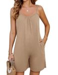 Niwicee Women Casual Jumpsuits Summer V-neck Sleeveless Romper Loose Wide Leg Shorts Overall Shoulder Strap Adjustable Playsuit with Pockets(Khaki,XL)