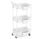 HBTower 3 Tier Rolling Cart with Handle, Kitchen Utility Cart Storage Organizer with Wheels, Lockable Casters Heavy Duty Shelves for Office, Bathroom White