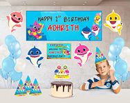 WoW Party Studio Personalized Shark Cartoon Theme Happy Birthday Party Decorations Supplies with Birthday Boy/Girl Name & Age - Combo Kit #2 (37 Pcs)