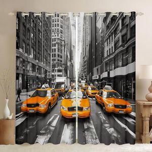 Feelyou Cityscape Window Drapes Yellow Taxi Car Curtains for Bedroom Living Room Kids Women Men Gray Modern City Building Window Treatments Decor (2 Panels, 42 x 63 Inch)