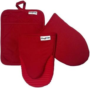 MagMitt Magnetic Oven Mitts and Pot Holder Set, 3 Piece Silicone Oven Mitts Heat Resistant to 500F, Hot Pad with Magnetic Storage, Premium Cotton, Non-Slip Kitchen Mitts & Oven Gloves, (Cherry Red)