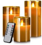 LTETTES Flameless LED Battery Powered Candles with Swiveling Wick Paraffin Wax Transparent Glass Pillar Cup Candle Set of 3 - 4" 5" 6" Height with Remote Controller for Home Decor Party Festival Wedding Decoration (Amber)