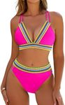 Blooming Jelly Womens High Waisted Bikini Sets Criss Cross Two Piece Swimsuit Color Block Swimming Suits (Medium, Pink)