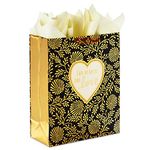 Hallmark 15" Extra Large Gift Bag with Tissue Paper (Two Hearts, One Love Black and Gold) for Weddings, Anniversaries, Engagements and More