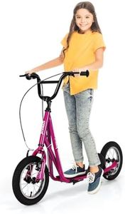 GYMAX Scooter, Kids & Adults Off-Road Scooter with 12" Inflatable Wheels, Adjustable Height Handlebar, V-Type Handbrakes & Axle Pegs for All Terrain, 8+ (Pink)