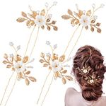 ANCIRS 4 Pack Crystal Flower Bridal Hair Styling Pins for Wedding, Anti-Slip Ceramic Leaves Shape Rhinestone Pearls Head Piece Accessories for Women Bride Wedding Hairstyles- Gold