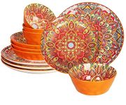 YA JU Mandala Dinnerware Sets (12 Pcs) Serves 4, Buffet Dinnerware, Boho Plates and Bowls Dish Set with 8" salad Plate 10" dinner Plate 4.8" bowl, apply Casual dining Indoor Outdoor Dining Part