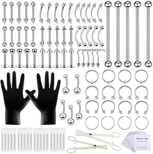 100 PCS Piercing Kit 14G 16G Nose Septum Rings Silver Piercing Jewelry for Nose Belly Button Tongue Body Piercing Tools Kit with 20 PCS 12G 14G Piercing Needle