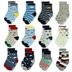 12 Pairs Toddler Non Skid Socks with Grips Anti Slip Bottom, Cotton Non Slip Ankle Crew Socks for Boys, Girls, Kids(3-5Years)