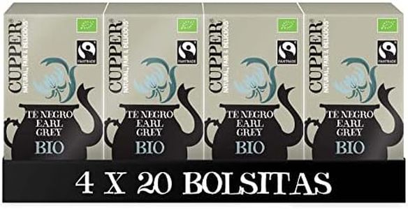 Cupper - Pack de 4 Cajas de 20 Bolsitas de Té Negro Ecológico Early Grey - Propiedades Estimulantes - Con un Toque Cítrico a Bergamota - Apto para Veganos