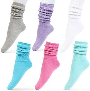 HOT FEET Slouch Socks for Women and Girls - 2/6 Pairs Scrunch Socks, Knee High Socks Cotton, 80s 90s Long Socks - Girls 9-12 Years, 6 Pairs, Gray/Light Pink/Lilac/Turquoise/Light Blue/White