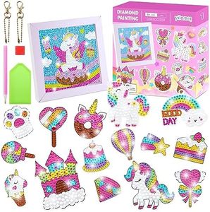 Maomaoyu 5D Diamond Painting Kit Completo para Niñas con Marco, Pintura de Diamantes con 25 Pegatinas & 2 Llaveros de Diamond Painting, Manualidades y Regalo para Niña 5 6 7 8 9 10 11 Años, Unicornio