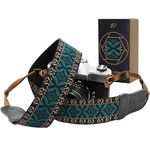 Padwa Lifestyle Mystic Green Embroidered Camera Strap - 2" Cowhide Head,Pure Cotton Woven Camera Straps, Adjustable Vintage Neck & Shoulder Strap for All DSLR Cameras,Great Gift for Photographers