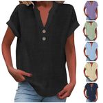 2024 Women's Blouses Cotton Linen V Neck Button Short Sleeve Tops Spring Summer Tees Trendy Casual T-Shirts Black