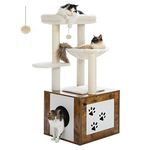 PAWZ Road Cat Tree with Litter Box Enclosure, 46" Modern Cat Tower Wood with Super Large[Dia 15.7"] Hammock, Cat Condo with Cat Scratching Posts, Big Removable Top Perch & Dangling Ball, Rustic Brown