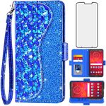 Asuwish Phone Case for Moto Z3 / Z3 Play Wallet Cover with Screen Protector and Wrist Strap Flip Credit Card Holder Bling Glitter Stand Cell Motorola MotoZ3 Z 3case 3 3Z Z3play Women Girls Blue