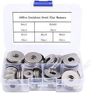 100Pcs Flat Penny Washers 5 Sizes Stainless Steel Large OD M4, M5, M6, M8, M10 Flat Repair Washer Plain Round Chrome Washers for Screws & Bolts