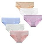 LIQQY Women's Cotton Knickers Lace Trim Underwear Breathable Hipster Panties Ladies Underwear Multipack (Medium, Assorted Nude/White2/Pink/Blue/Liac Chiffonn)