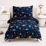 PHF 4 Piece Toddler Bedding Set, Ultra Soft Toddler Comforter Sets Include Comforter, Fitted Sheet, Flat Top Sheet and Pillowcase for Boys, Space Bed in A Bag for Baby Bedroom, Navy Space