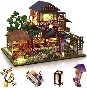 GuDoQi DIY Miniature Dollhouse Kit, 1:24 Scale Tiny House with Music Plant, Model Craft Kit for Adults, Great Handmade Gift for Birthday Christmas Day, Japanese Villa Courtyard