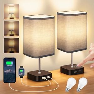 Bedside Lamps Set of 2 - Touch Lamps with USB-C+A Charging Ports, 3-Way Dimmable Table Lamp for Bedroom Living Room with Grey Fabric Shade (Bulbs Included) (USB C+A, Warm White)