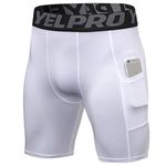 White Mens Compression Shorts with Cup Cool Dry Gym Running Shorts Workout Leggings Shorts Sports Spandex Underwear