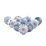 Cupboard Knobs Pack of 10 Pieces - Hand Made Painted Floral Ceramic Furniture Pulls Grey and White Door Knobs Vintage Dresser knob for Home and Furniture Drawer Desk Knobs