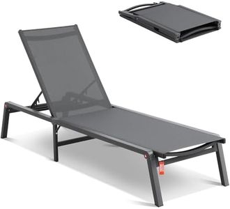 VEVOR Chaise Lounge Chair Outdoor, Aluminum Patio Lounge Chair with Adjustable 5-Position, Folding Pool Lounge Chair Recliner and Full Flat Tanning Chair for Patio, Beach, Pool, Dark Grey