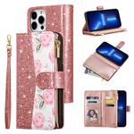 UEEBAI Wallet Case for iPhone 16 Pro Max, High-End PU Leather Magnetic Handbag Zipper Pocket Case Kickstand Card Holder Slots Wrist Strap TPU Shockproof Rose Flip Cover for Women - Bling Rose Gold