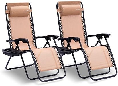 SereneLife Zero Gravity Chairs Set of 2 - Adjustable Steel Mesh Lawn Chairs - Outdoor Lounge Chairs with Detachable Cup Holder Tray - Foldable Outdoor Chair with Removable Pillows - Cream