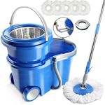 MASTERTOP Mop and Bucket Set, Spin Mop & Bucket System for Hardwood Tile Laminate Floor Cleaning, Microfiber Mops with 48'' Stainless Steel Handle, 5 Reusable Refills, 1 Brush Head