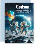 Godson Birthday Card - Space Cat and Dog - Funny Birthday Card. A5 Size with Blue Envelope. Designed and Printed in the UK