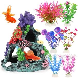 MyLifeUNIT Fish Tank Plants, 7 Pieces Colorful Aquarium Plants and Coral Reef Set for Fish Tank Decoration, Mountain Cave Ornament for Betta, Goldfish to Breed, Play and Rest