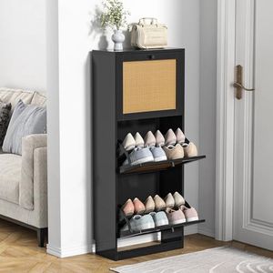 Anmytek Shoe Cabinet, 12 Pair Shoe Storage Organizer Cabinet, 3-Tier Rattan Shoe Cabinet with 3 Flip Drawers, Wooden Storage Cabinet for Entryway Hallway, Black S0011