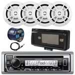 Kenwood Single DIN in-Dash Marine Boat Audio Bluetooth USB Receiver W/ Waterproof Protective Cover Bundle Combo with 4X 400W 6.5" Silver Coaxial Speakers + Radio Antenna + 16g 50FT Speaker Wire