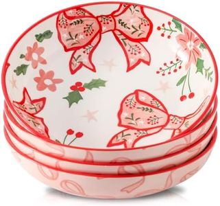 HASENSE Ceramic Pasta Bowls, 38 Ounce Serving Bowls with Pink Bow Print, Modern Dinner Dishes for Salad, Pasta, Soup, Dessert, 8.8 Inch Deep Dinner Plates, Mircowave Dishwasher Safe