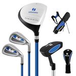 Goplus Junior Complete Golf Clubs Set for Kids, Right Hand Golf Clubs w/Stand Bag, 165CC #3 Fairway, #7 & #9 Irons, Putter, Head Cover, Rain Hood, Boys Girls Aged 8-10,11-13 (Blue, Aged 8-10)