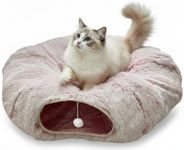 AUOON Cat Tunnel Bed with Central Mat,Big Tube Playground Toys,Soft Plush Material,Full Moon Shape for Kitten,Cat,Puppy,Rabbit,Ferret (Light Pink)