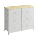 SONGMICS Chest of Drawers, 6 Fabric Drawers with Metal Frame, Storage Organiser Unit, Dresser, for Nursery, Bedroom, Hallway, White and Oak LTS323W57