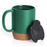 Generic Re-usable Ceramic Coffee Mug with Handle and Removable Lockable Lid with Sliding Sip Hole 400ML. Heatproof Cork Base Design. (Matte Green)