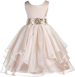 ekidsbridal Asymmetric Ruffled Organza Sequin Toddler Flower Girl Dress Pageant Gown 012S, Champagne, 12